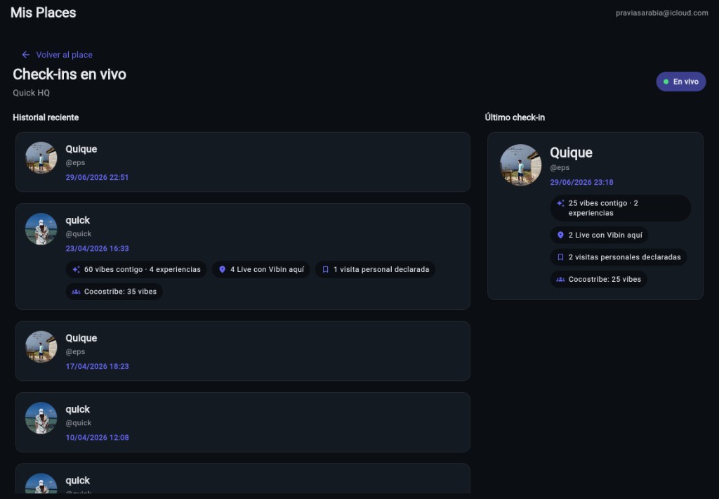 Check-ins en vivo — vista del establecimiento